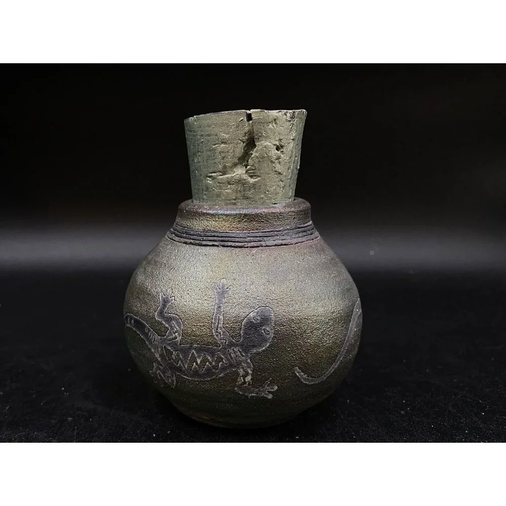 J. Diller Raku Southwestern Art Pottery Vase Jar Gecko Lizard Cork Stopper - Picture 6 of 9